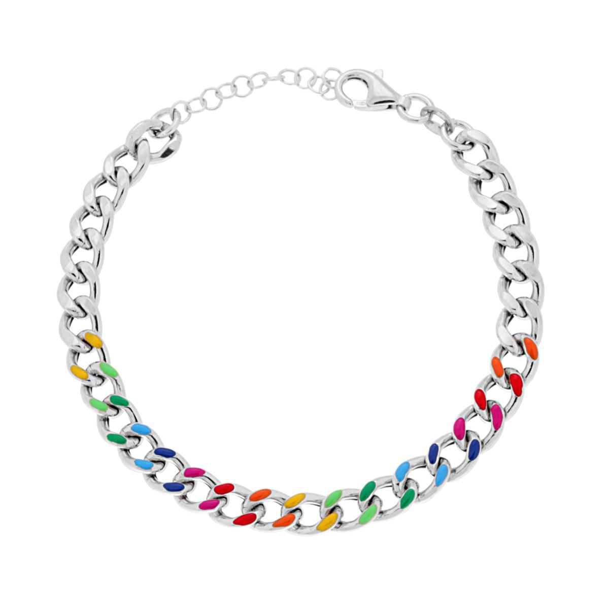 Bracciale Catena Grumetta con Smalto Multicolor Rainbow in ARGENTO 925 Galvanica Rodio