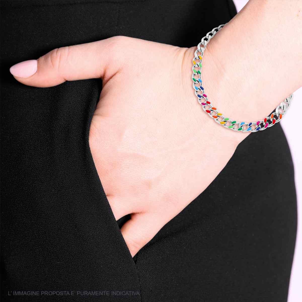 Bracciale Catena Grumetta con Smalto Multicolor Rainbow in ARGENTO 925 Galvanica Rodio