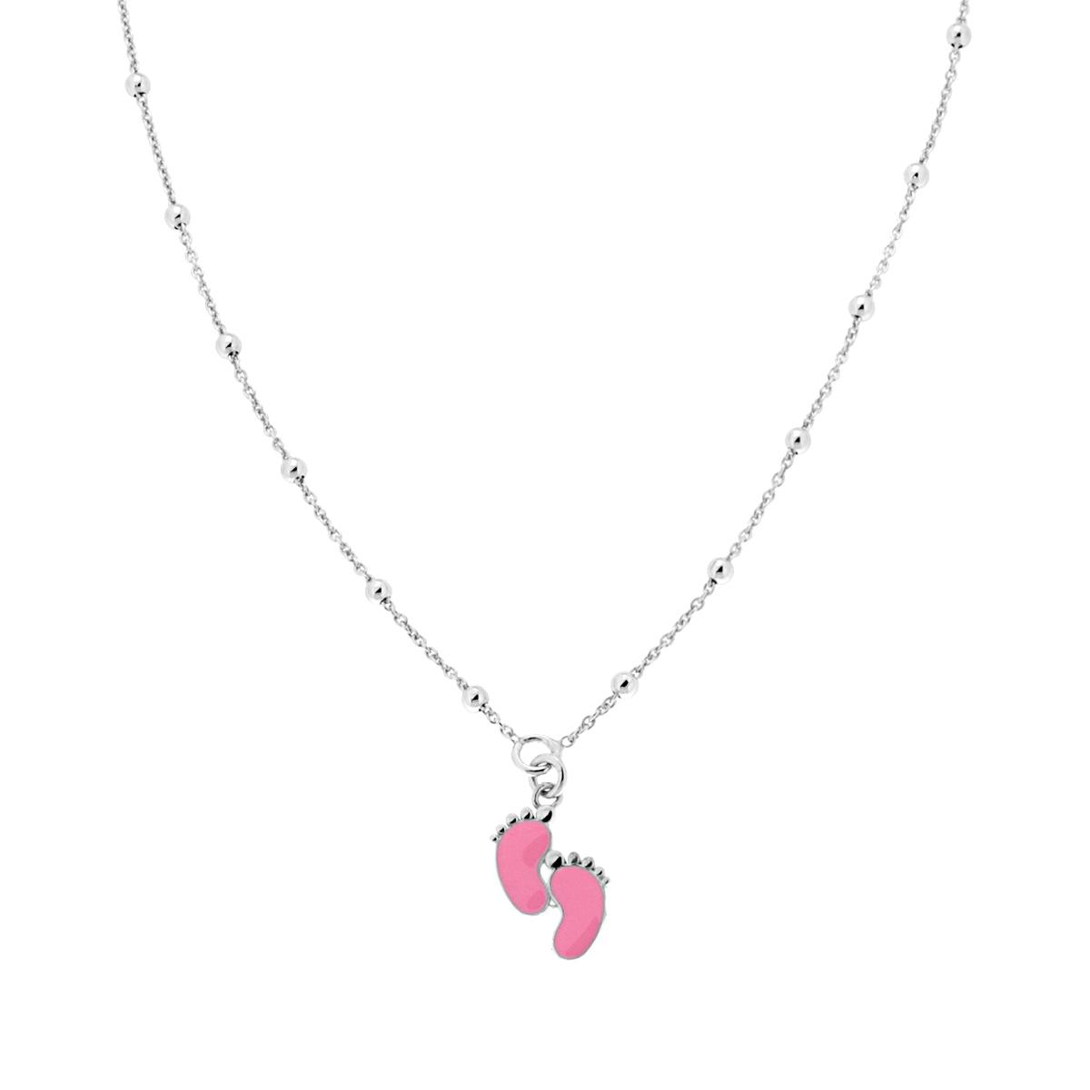 Collana Catena Forzatina e Palline lisce mm 2,5 con Piedini smalto Rosa pendenti in ARGENTO 925 Galvanica Rodio