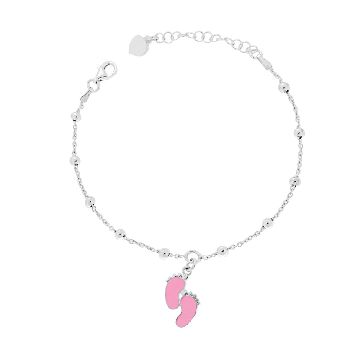 Bracciale Catena Forzatina e Palline lisce mm 2,5 con Piedini smalto Rosa pendenti in ARGENTO 925 Galvanica Rodio