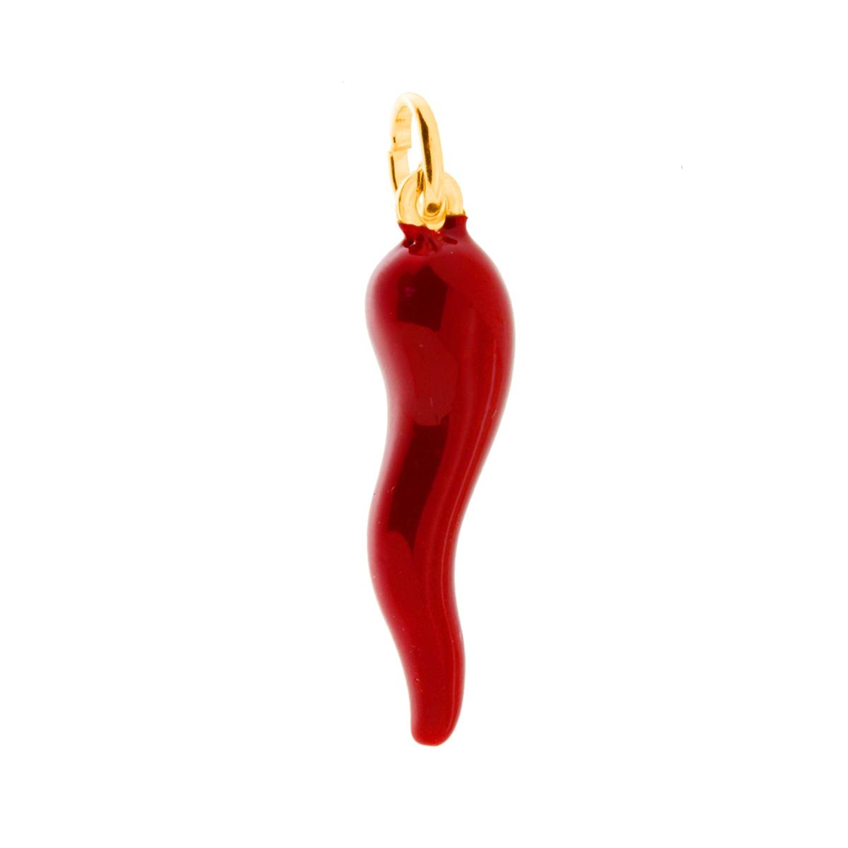 Ciondolo Portafortuna Corno mm 34 con Smalto Rosso in ARGENTO 925 Galvanica Oro