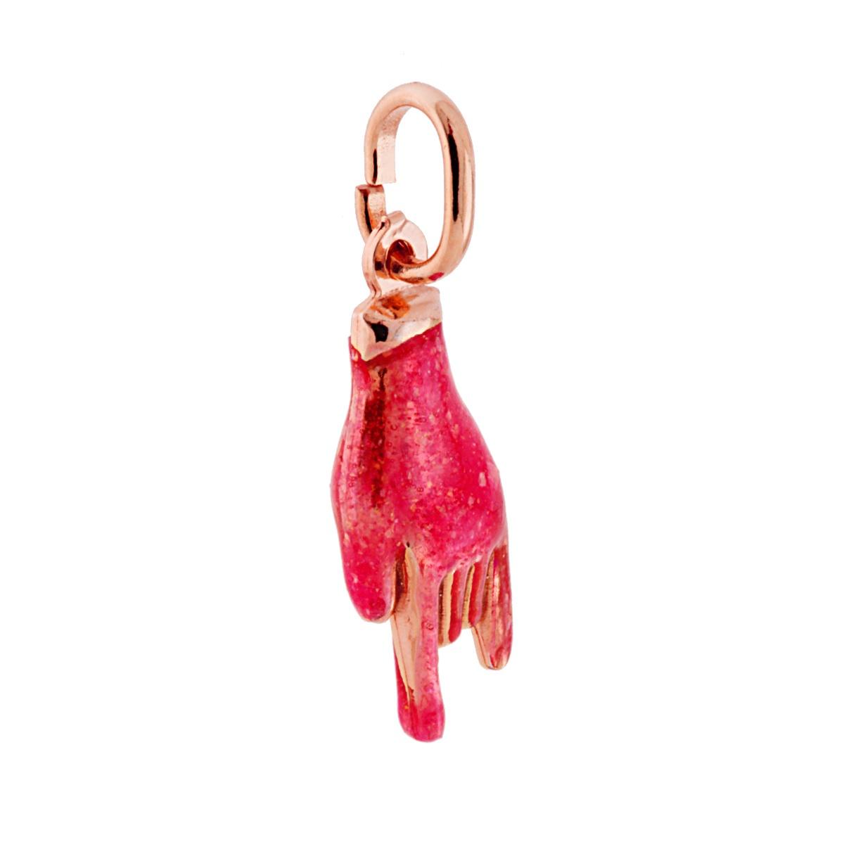 Ciondolo Portafortuna Mano Corna con Smalto glitter Fucsia in ARGENTO 925 Galvanica Rosa