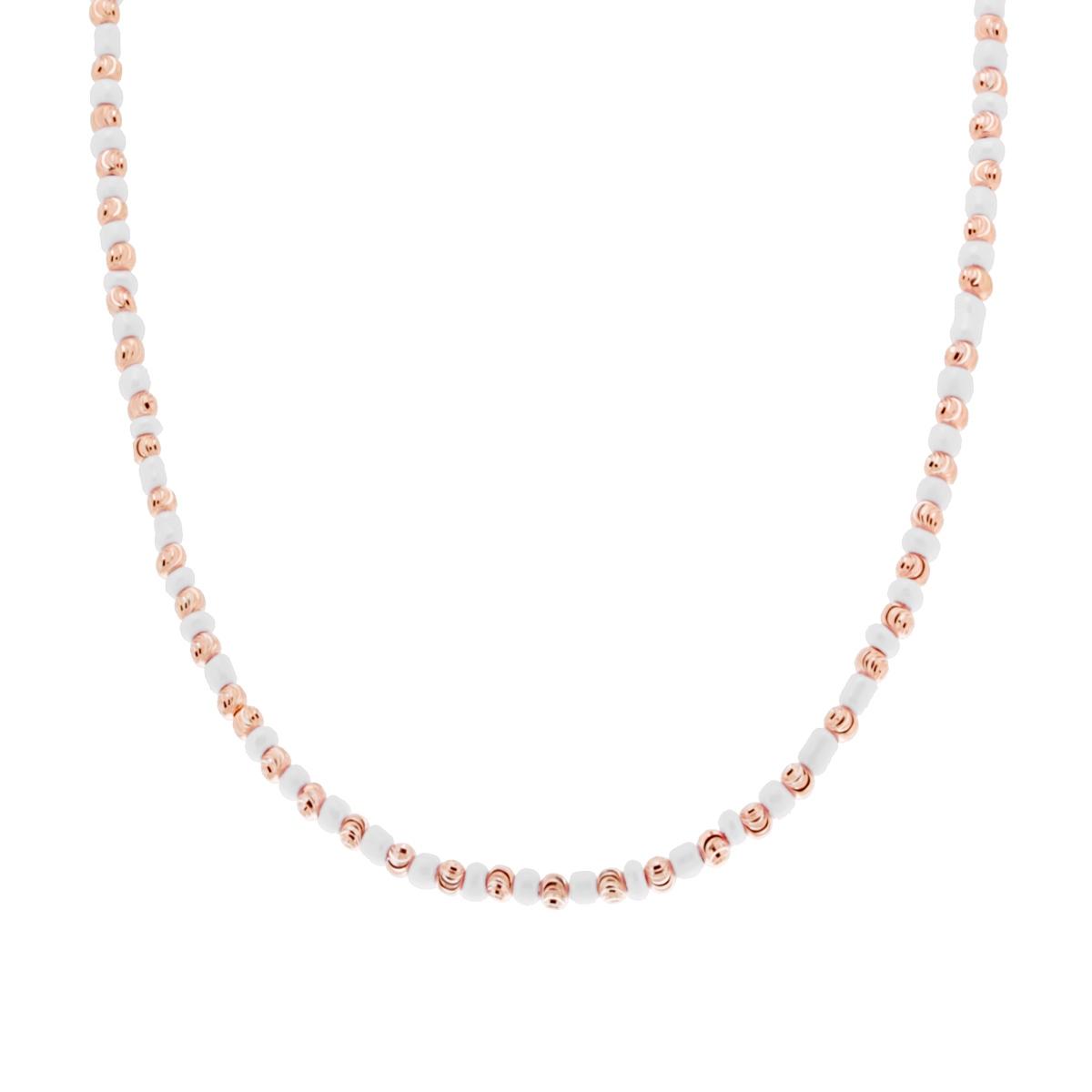Collana con Perline Bianco e palline Diamantate in ARGENTO 925 Galvanica Rosa