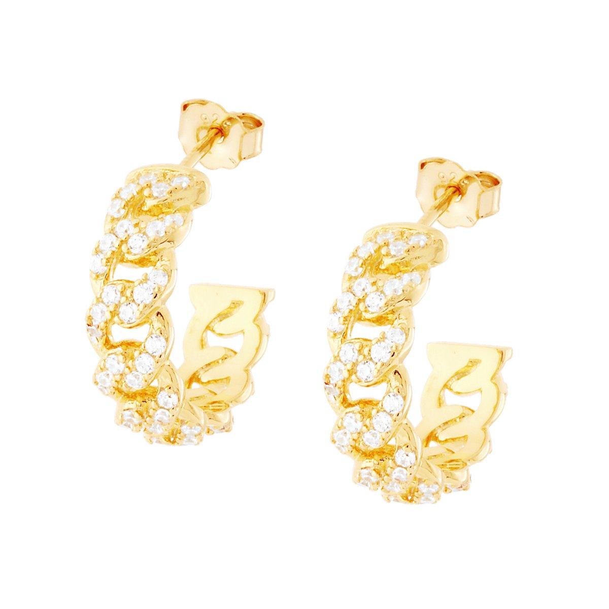 Orecchini Cerchio Catena Grumetta con Zirconi Bianchi in ARGENTO 925 Galvanica Oro