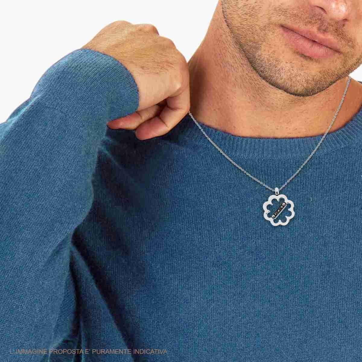 Collana Catena Forzatina Diamantata con Pendente Fiore e Crystal Bianchi e Neri in ACCIAIO