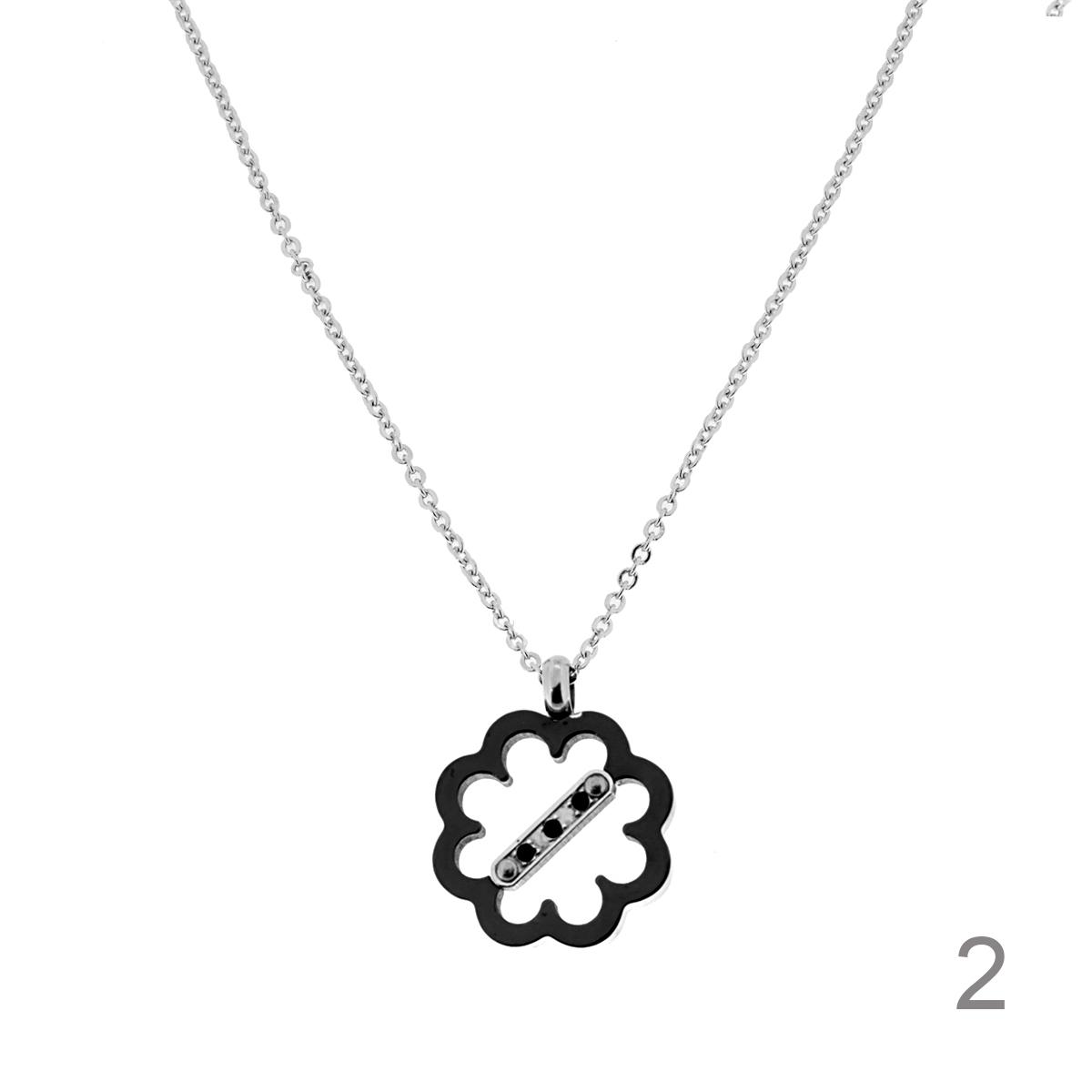 Collana Catena Forzatina Diamantata con Pendente Fiore e Crystal Bianchi e Neri in ACCIAIO