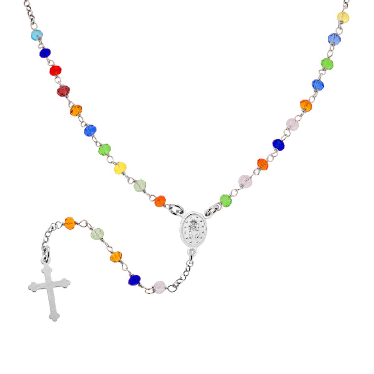 Collana Rosario cm 50 con Grani in Crystal mm 3.5 colore Multicolor Rainbow in ARGENTO 925 Galvanica Rodio