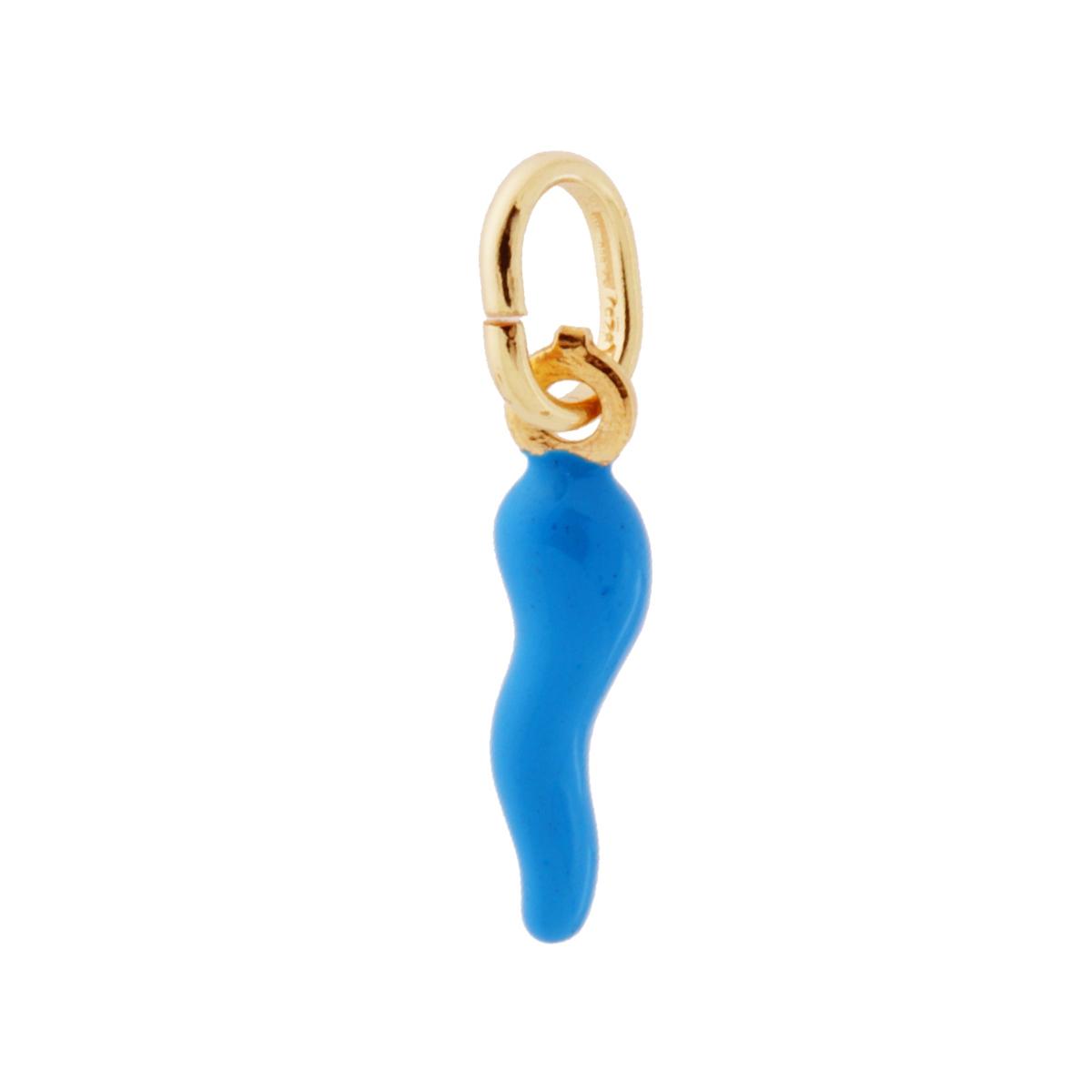 Ciondolo Portafortuna Corno mm 18 con Smalto Azzurro in ARGENTO 925 Galvanica Oro
