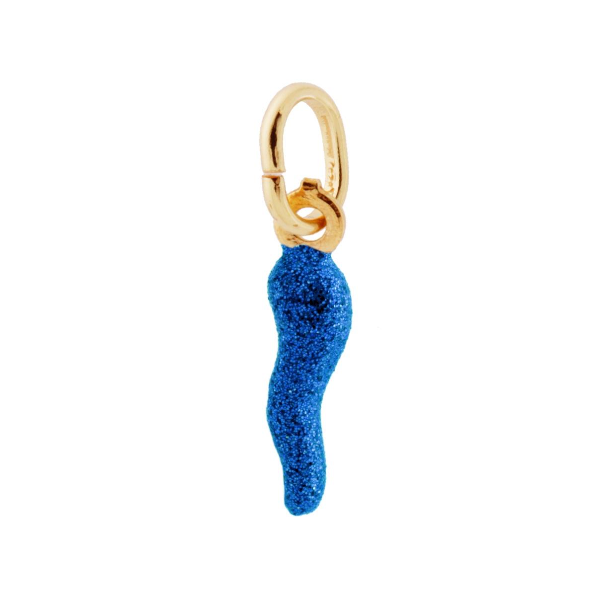 Ciondolo Portafortuna Corno mm 18 con Smalto Blu glitter in ARGENTO 925 Galvanica Oro
