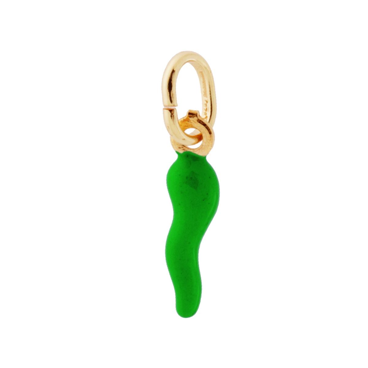 Ciondolo Portafortuna Corno mm 18 con Smalto Verde in ARGENTO 925 Galvanica Oro