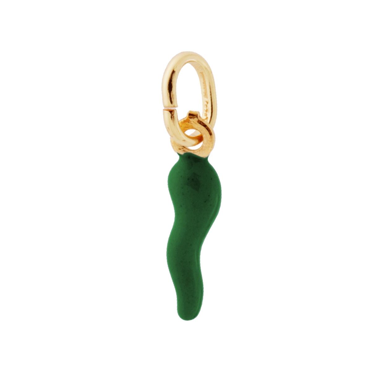 Ciondolo Portafortuna Corno mm 18 con Smalto Verde Scuro in ARGENTO 925 Galvanica Oro