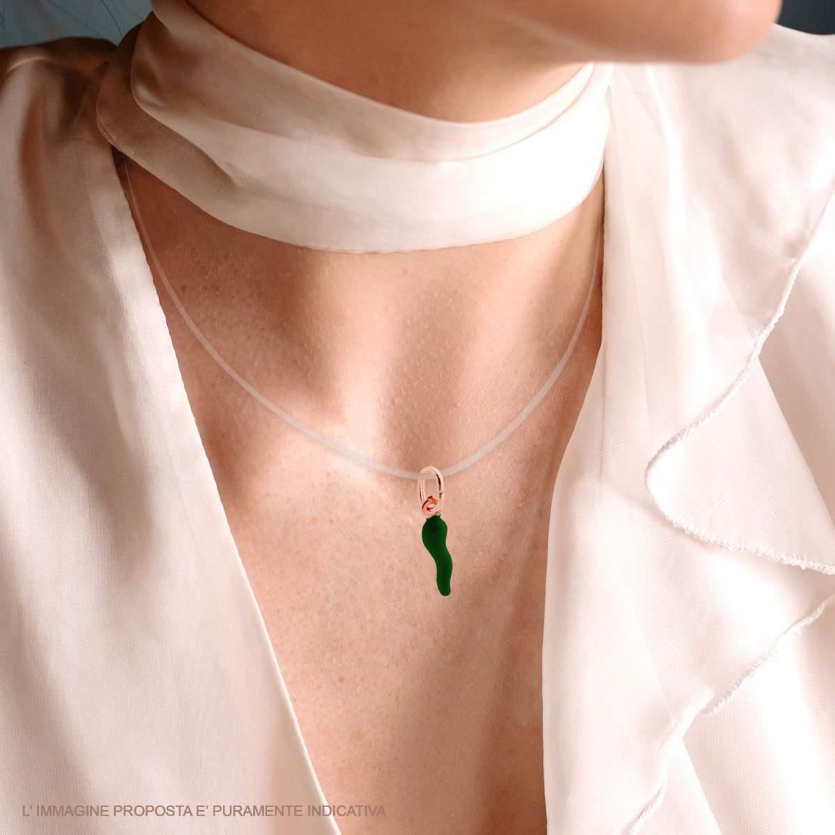 Ciondolo Portafortuna Corno mm 18 con Smalto Verde Scuro in ARGENTO 925 Galvanica Rosa