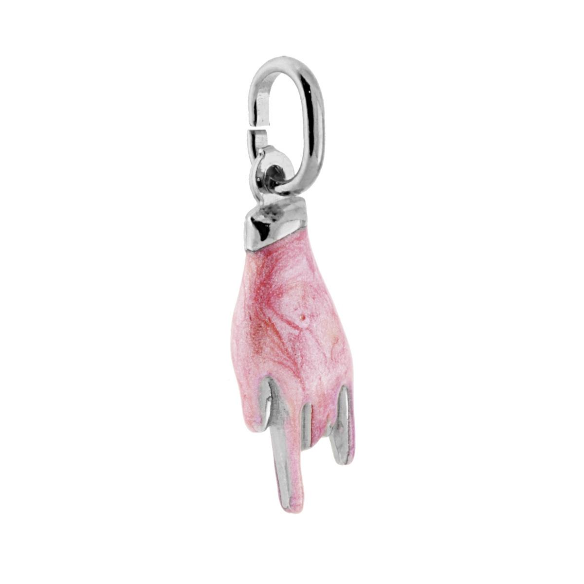 Ciondolo Portafortuna Mano Corna con Smalto Rosa Cipria perlato in ARGENTO 925 Galvanica Rodio
