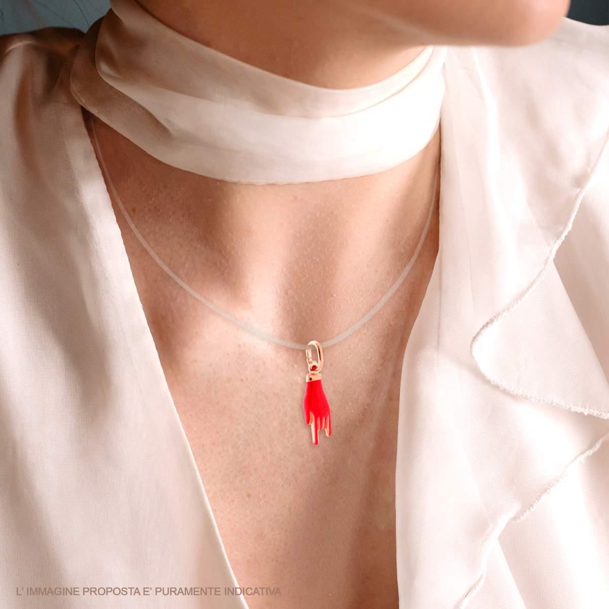 Ciondolo Portafortuna Mano Corna con Smalto Rosso perlato in ARGENTO 925 Galvanica Rosa