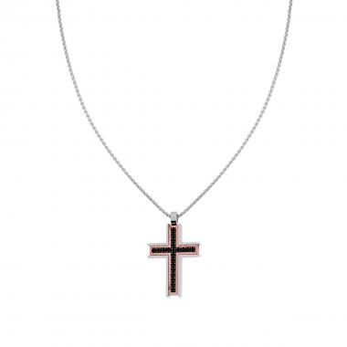 Collana Catena Veneziana Tonda con Croce Rosa e Crystal Neri in ACCIAIO