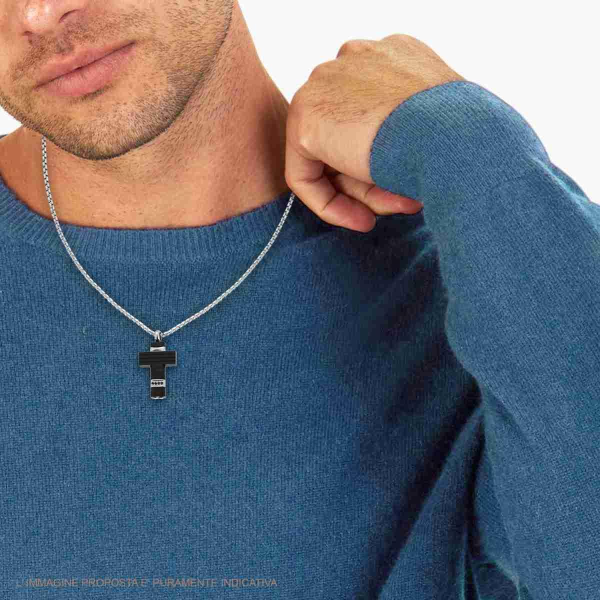 Collana Catena Veneziana Tonda con Croce Colore Nero e Crystal Neri in ACCIAIO