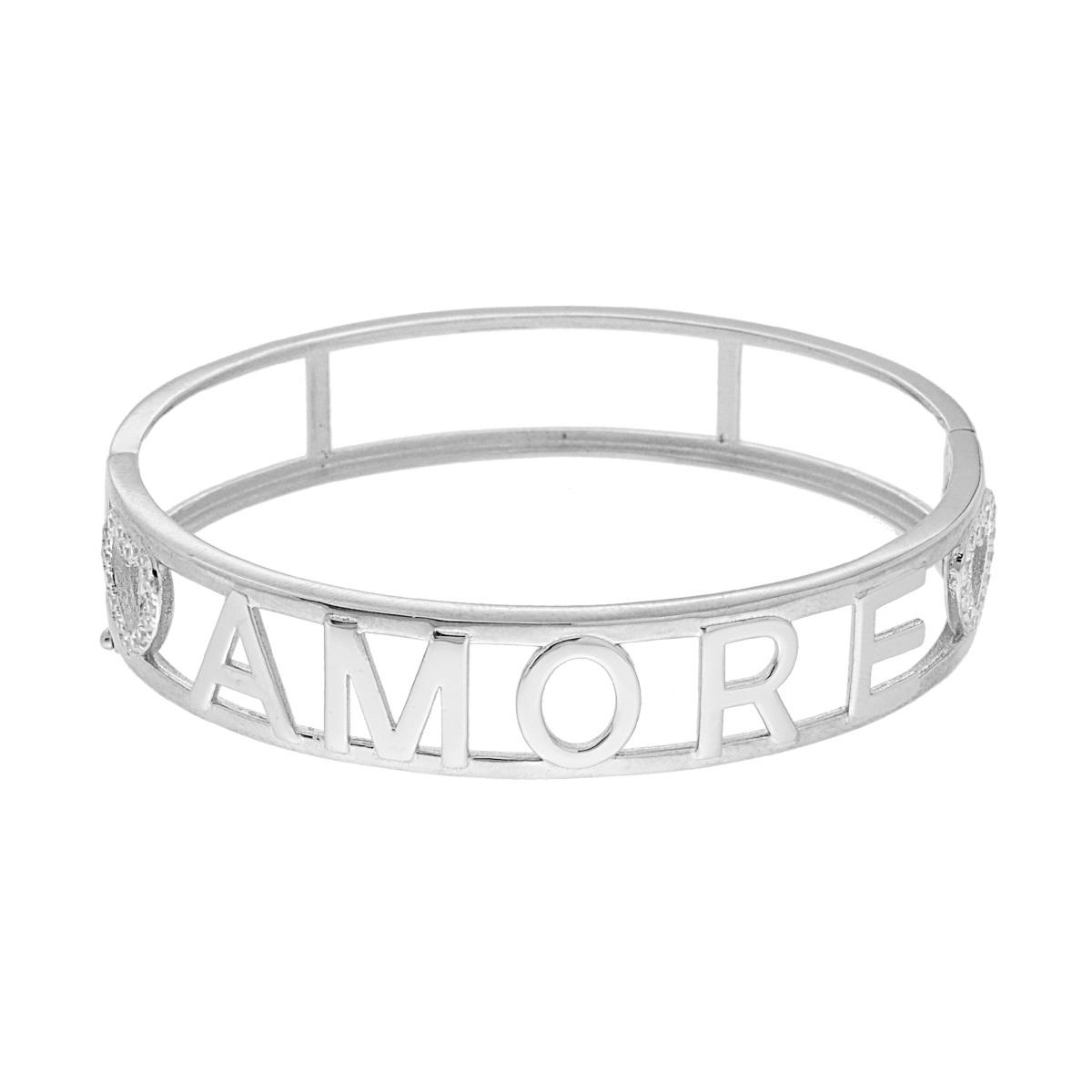 Bracciale Rigido con Scritta AMORE e Cuori con Zirconi Bianchi in ARGENTO 925 Galvanica Rodio