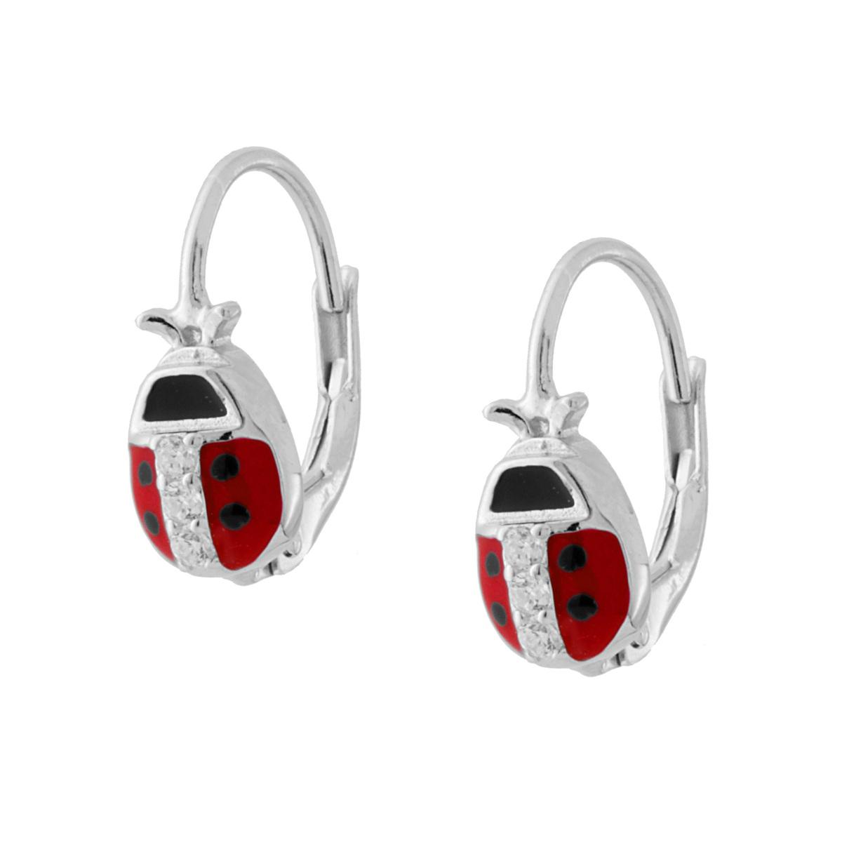 Orecchini Monachella Coccinella Smalto Rosso e Nero con Zirconi Bianchi in ARGENTO 925 Galvanica Rodio