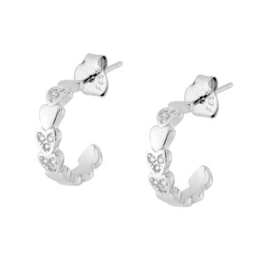 Orecchini Cerchio mm 13 con Cuori con Cubic Zirconia Bianchi in ARGENTO 925 Galvanica Rodio