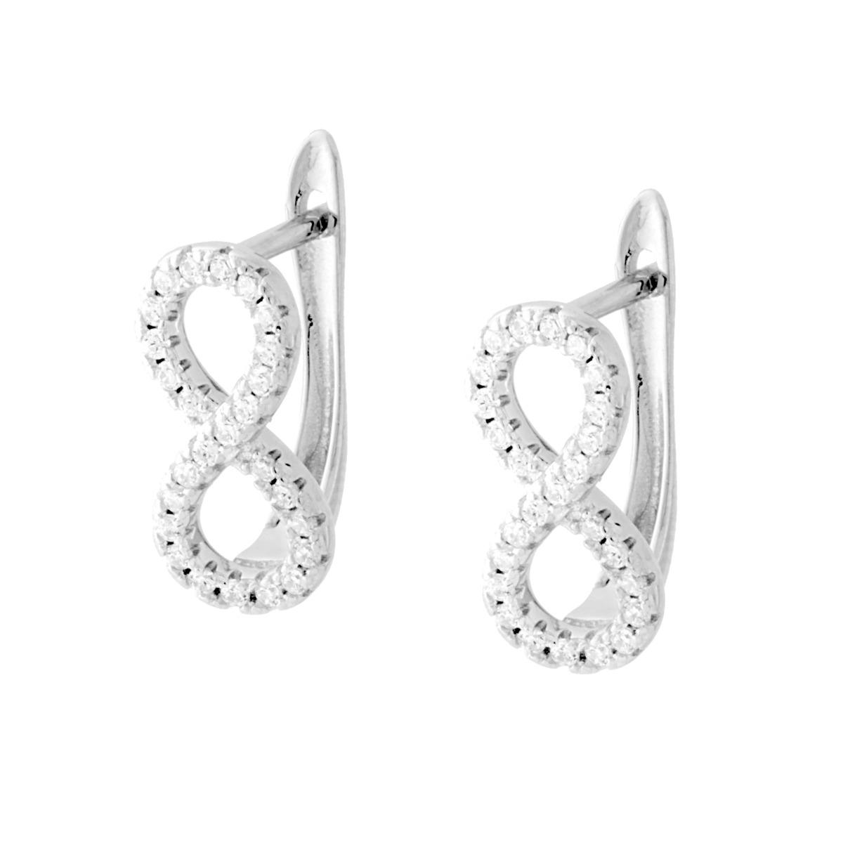 Orecchini a Scatto Inglese Infinito con Zirconi Bianchi in ARGENTO 925 Galvanica Rodio