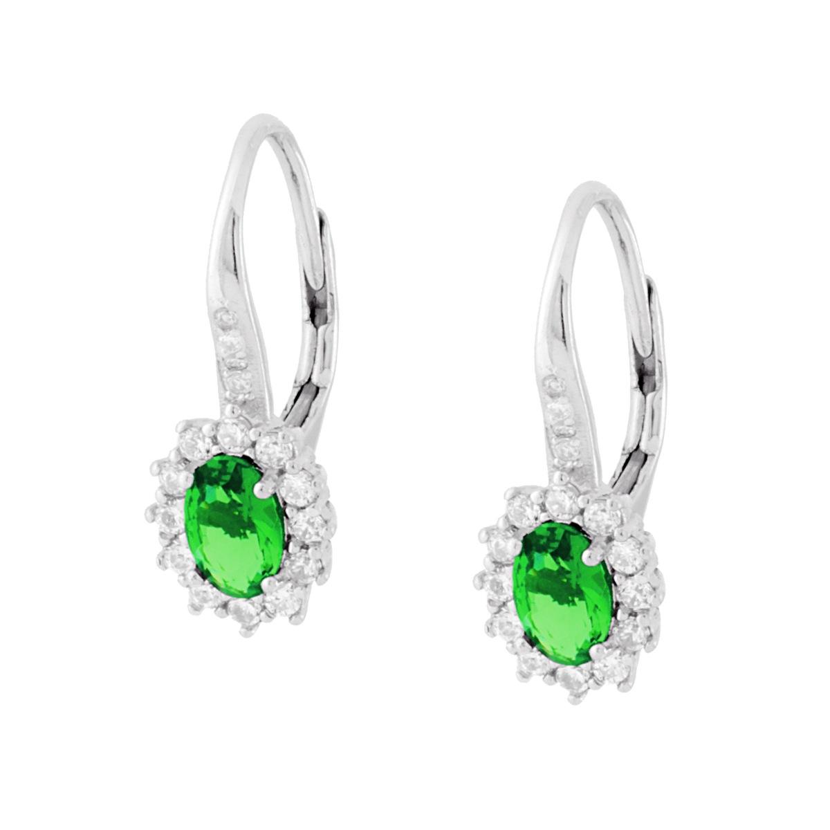 Orecchini Monachella Ovale Verde Smeraldo contornato da Zirconi Bianchi in ARGENTO 925 Galvanica Rodio
