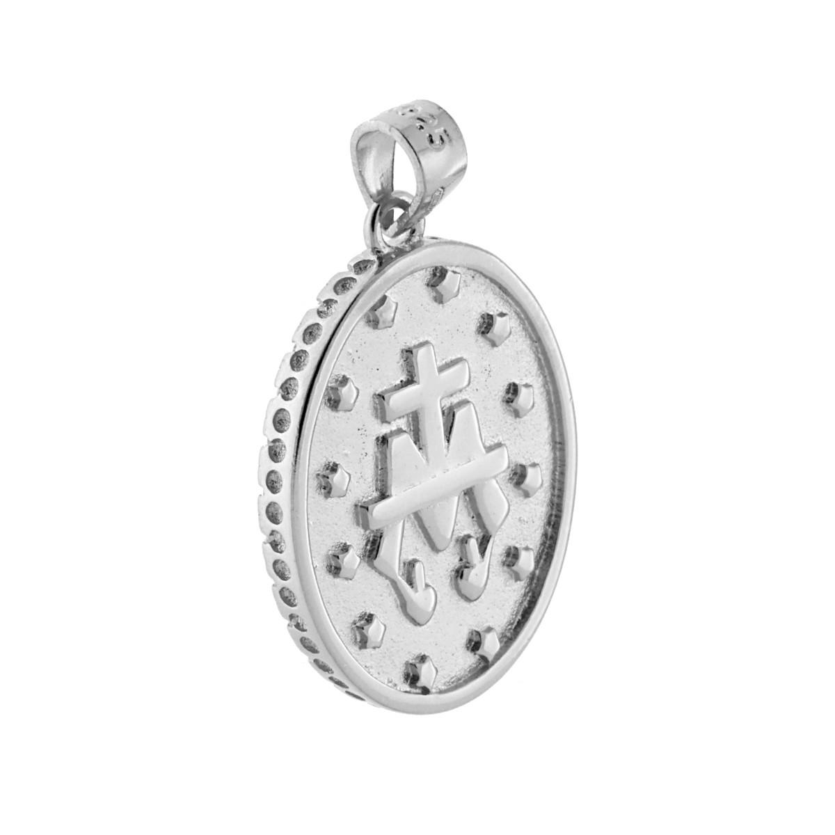 Ciondolo Medaglia Ovale 21 mm con Madonna Miracolosa e Zirconi Bianchi in ARGENTO 925 Galvanica Rodio