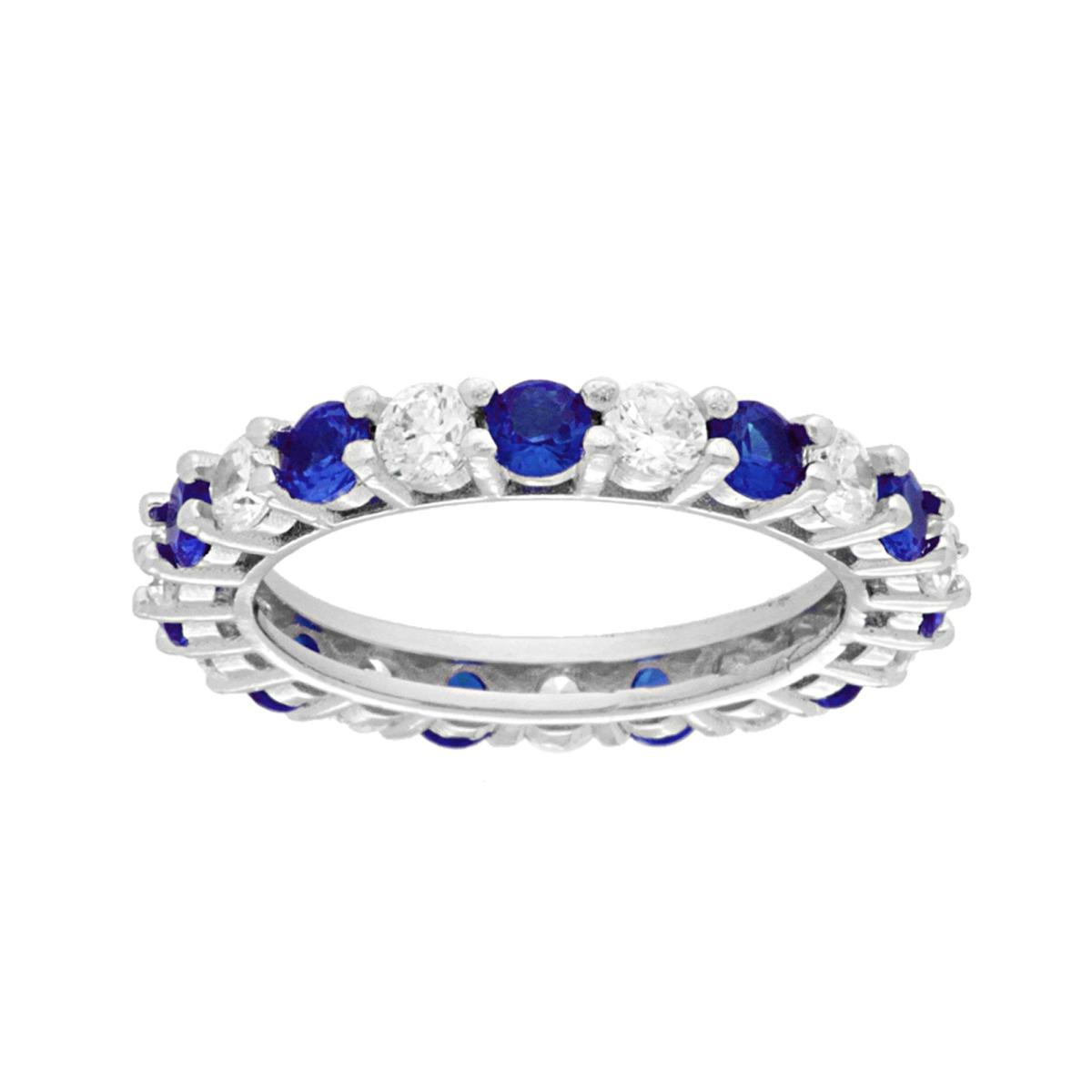 Anello Eternity Veretta a giro con Cubic Zirconia alternati Bianchi e Blu Zaffiro in ARGENTO 925 Galvanica Rodio