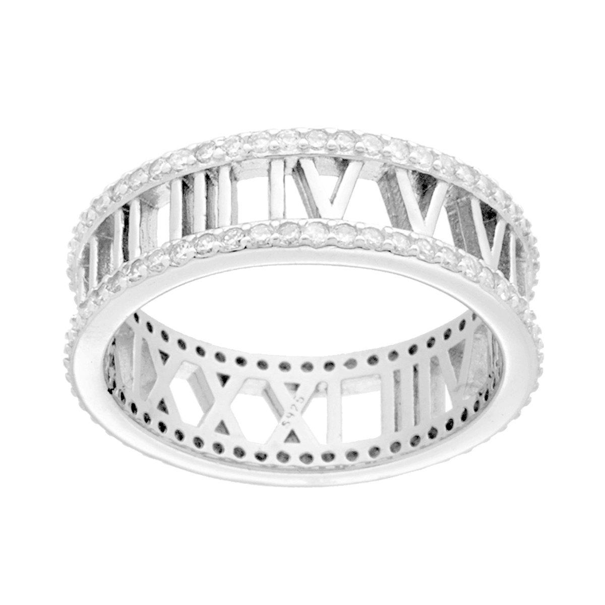 Anello Fascia Eternity con Zirconi Bianchi e Numeri Romani in ARGENTO 925 Galvanica Rodio