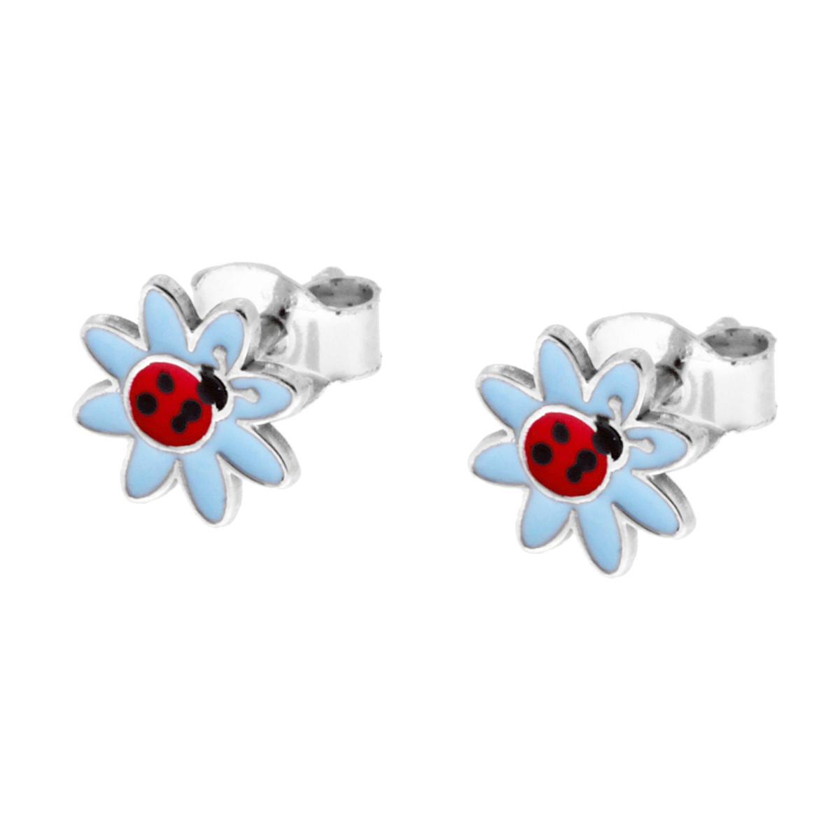 Orecchini Fiore e Coccinella con Smalto Azzurro in ARGENTO 925 Galvanica Rodio