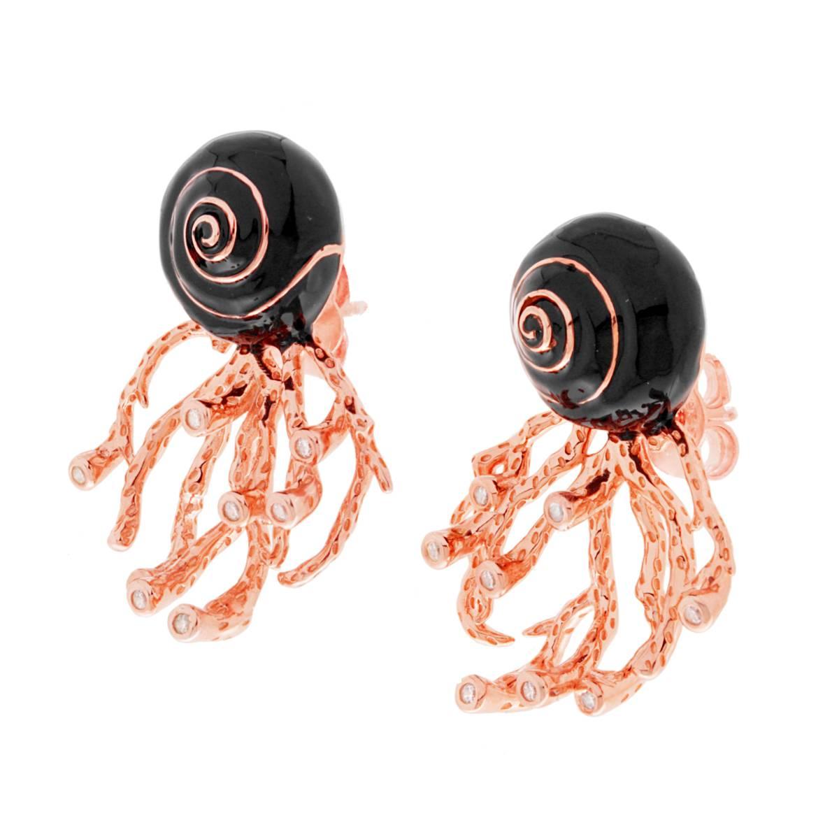 Orecchini Conchiglia e Corallo con Zirconi Bianchi e Smalto Nero in ARGENTO 925 Galvanica Rosa