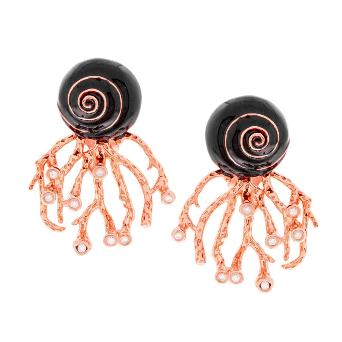 Orecchini Conchiglia e Corallo con Zirconi Bianchi e Smalto Nero in ARGENTO 925 Galvanica Rosa