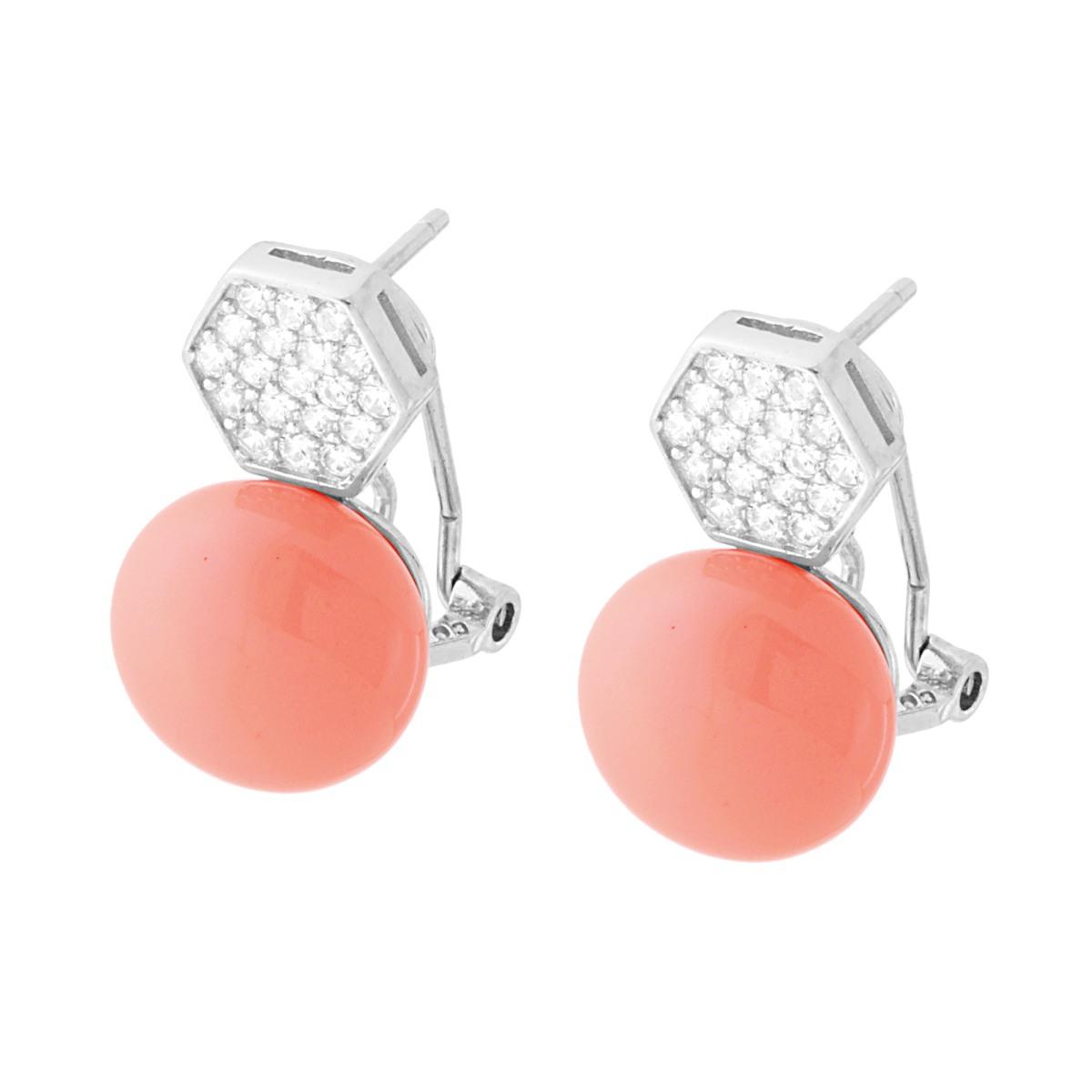Orecchini con Pietra Corallo Rosa Tonda ed Esagono con Zirconi Bianchi in ARGENTO 925 Galvanica Rodio