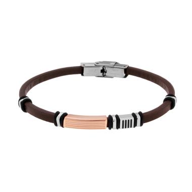 Bracciale Uomo in Ecopelle Marrone con Targa e accessori Galvanica Rosa in ACCIAIO