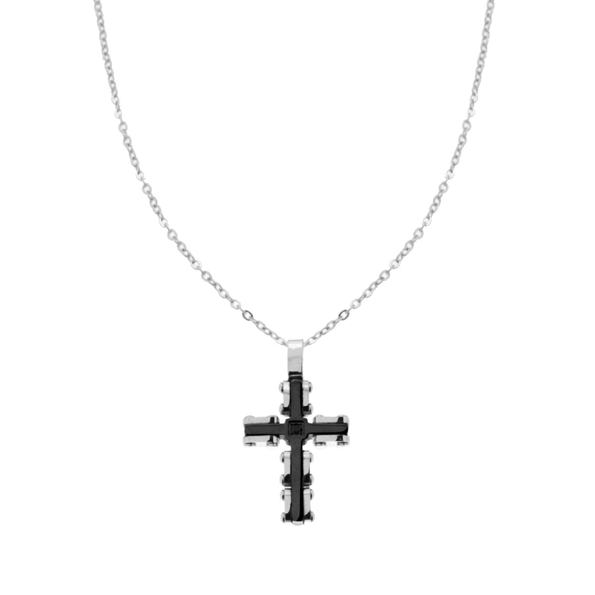 Collana Catena Forzatina Diamantata con Croce Colore Nero e Crystal Nero in ACCIAIO
