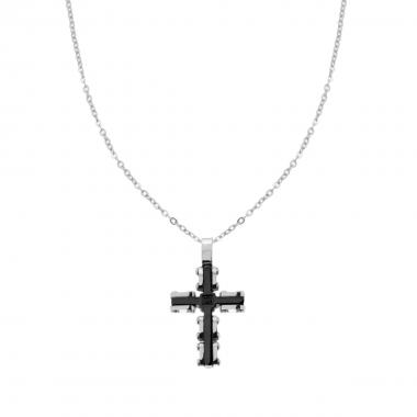 Collana Catena Forzatina Diamantata con Croce Colore Nero e Crystal Nero in ACCIAIO