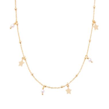 Collana Catena Forzatina Diamantata con Stelle e Perle pendenti in ARGENTO 925 Galvanica Oro