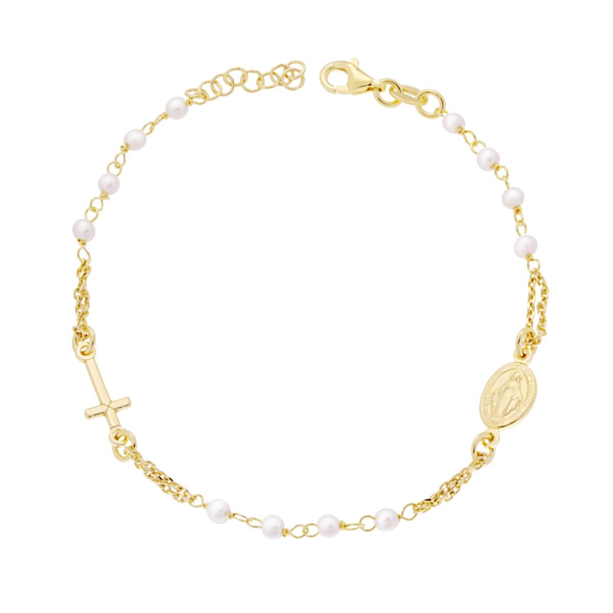 Bracciale Rosario cm 18 + 2 con Grani Perla mm 3 con Croce e Medaglia Madonna in ARGENTO 925 Galvanica Oro