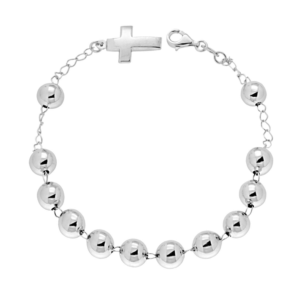Bracciale Rosario cm 20 con Grani Pallina liscia mm 8 e Croce pendente in ARGENTO 925 Galvanica Rodio