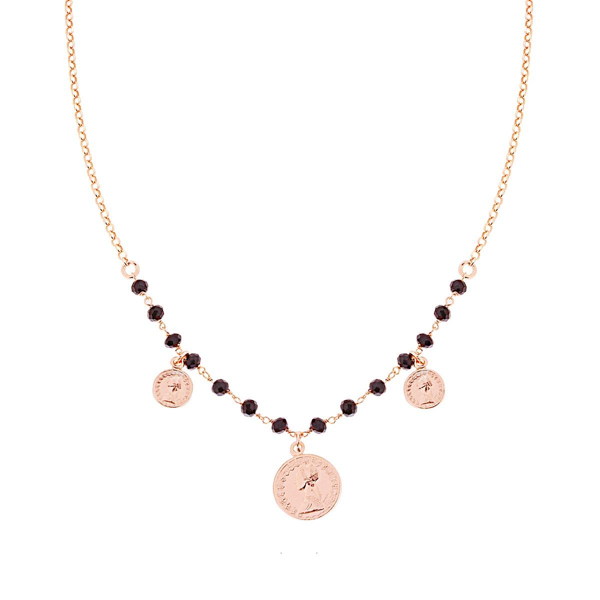 Collana Catena Rolo con Monete pendenti e Crystal Neri in ARGENTO 925 Galvanica Rosa