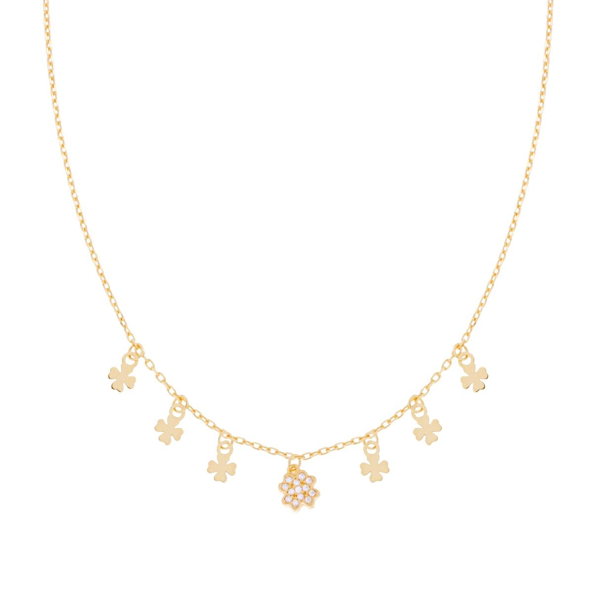Collana Catena Forzatina Diamantata con Quadrifogli pendenti e Zirconi Bianchi in ARGENTO 925 Galvanica Oro