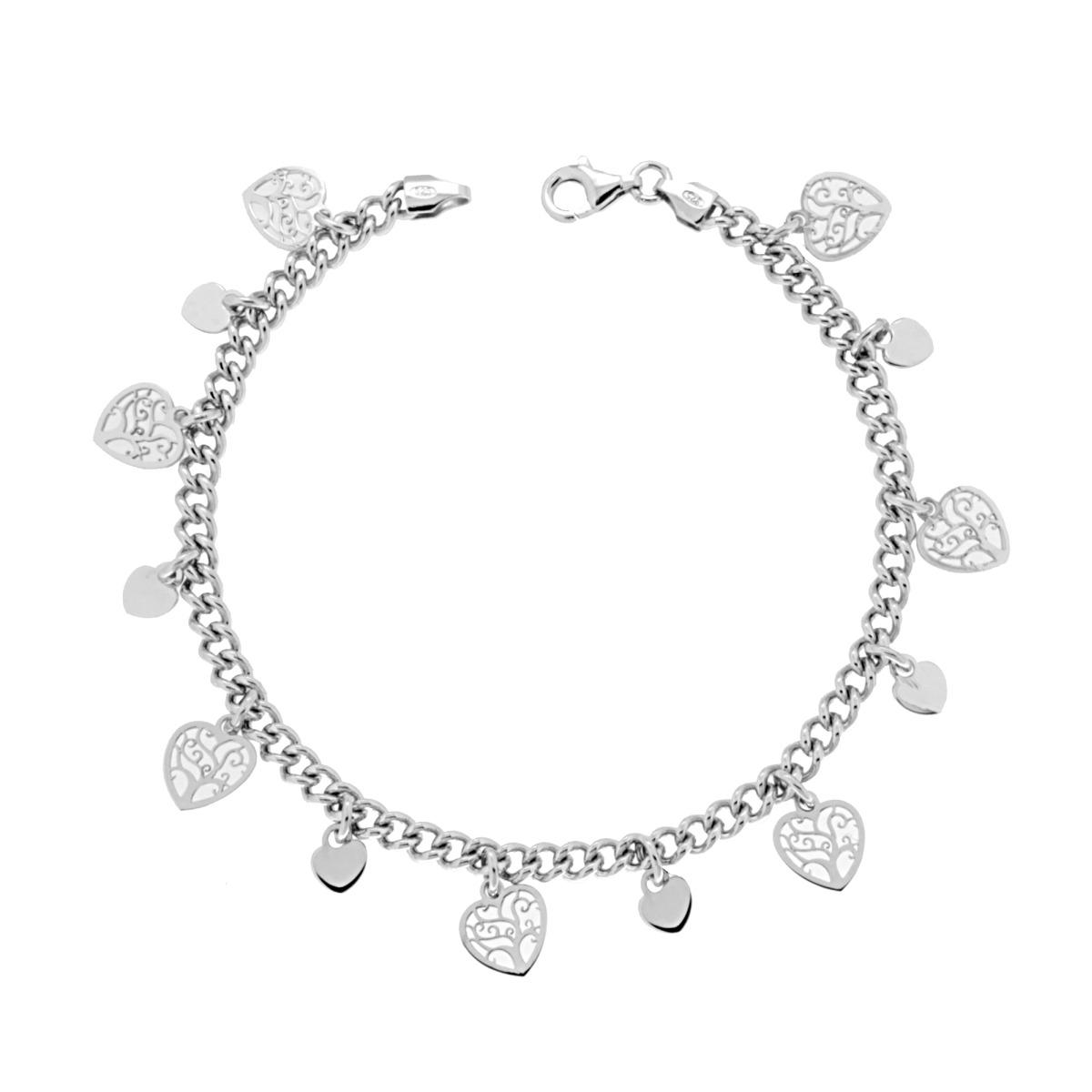 Bracciale Catena Grumetta con Cuori plain e Cuori con Albero traforato pendenti in ARGENTO 925 Galvanica Rodio