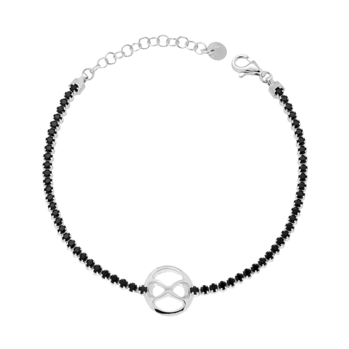 Bracciale Tennis Griffe cm 17+3 con Zirconi mm 2,5 Neri con Infinito centrale in ARGENTO 925 Galvanica Rodio