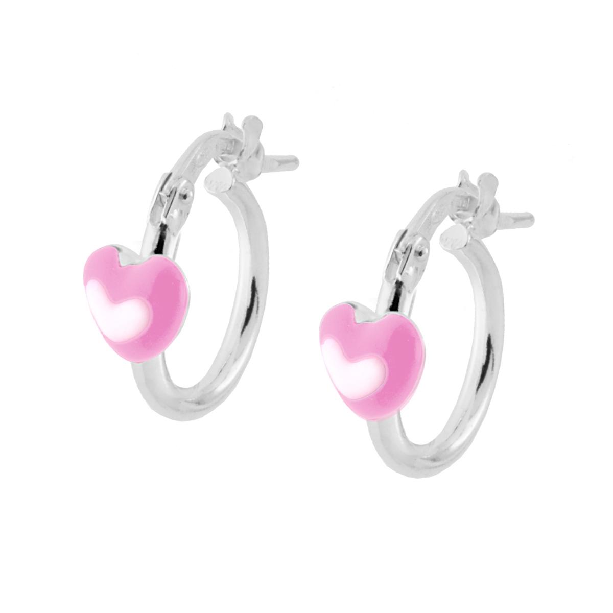 Orecchini Bimba Boccoli Cerchio con Cuore Smalto Rosa e Bianco in ARGENTO 925 Galvanica Rodio