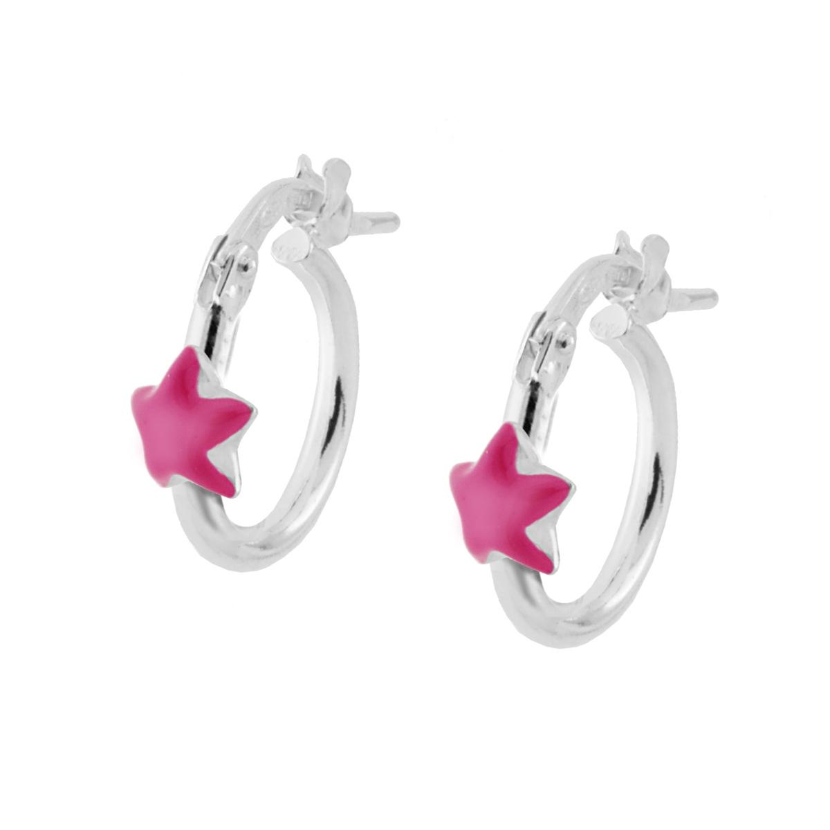 Orecchini Bimba Boccoli Cerchio con Stella Smalto Rosa in ARGENTO 925