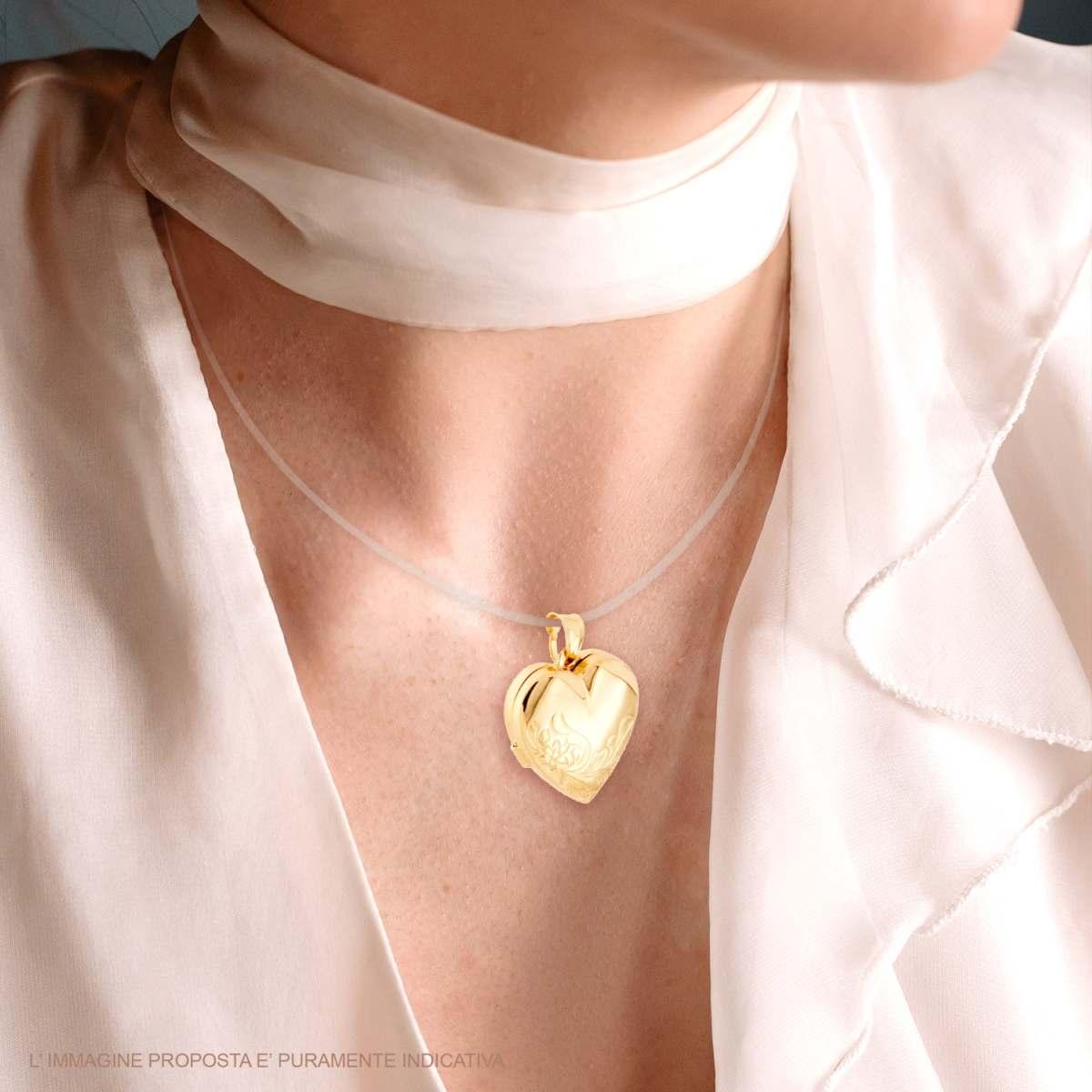 Ciondolo Portafoto o Porta Ricordi a forma di Cuore con Decoro Floreale mm 25 in ARGENTO 925 Galvanica Oro