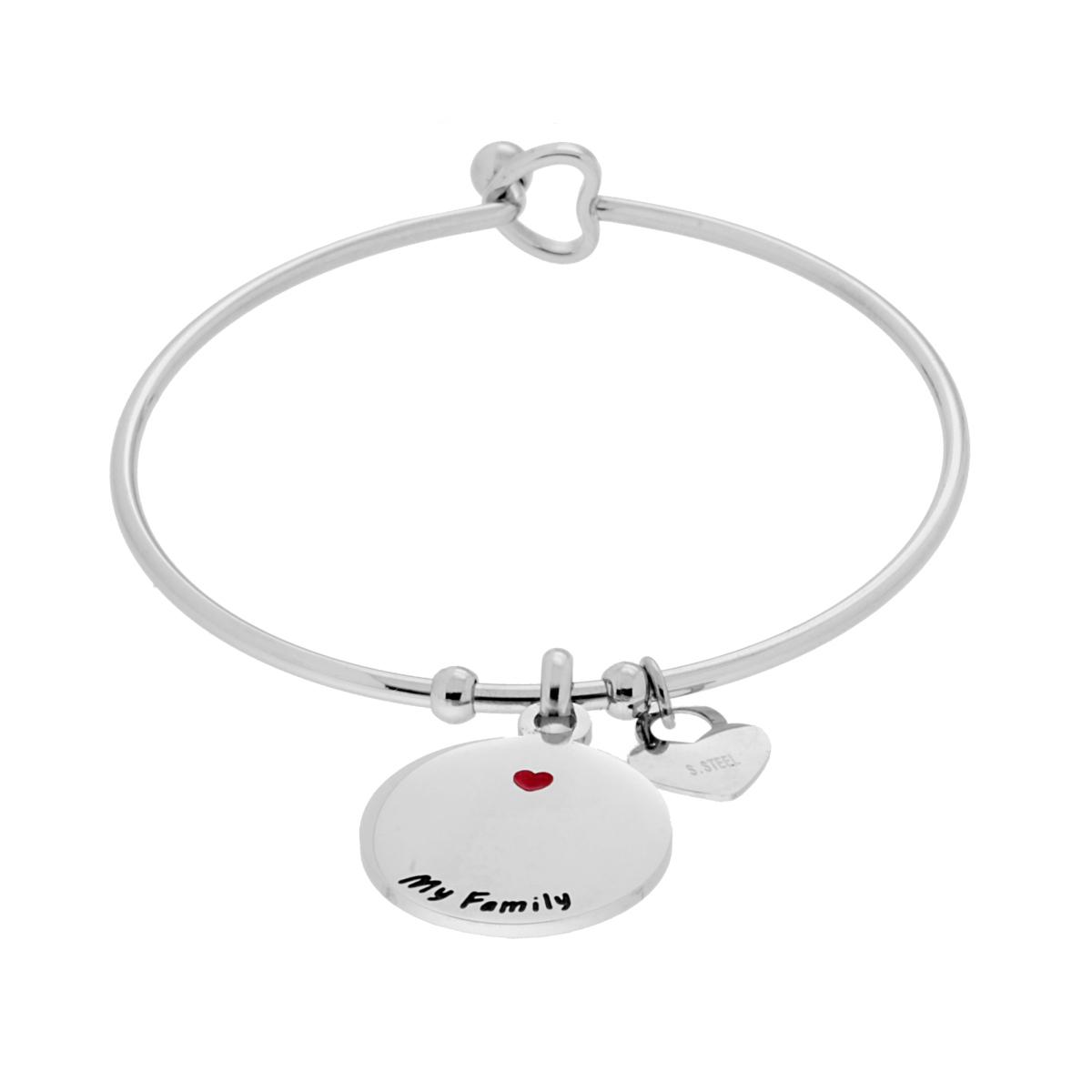 Bracciale Rigido con Charms Pendenti Tondo con scritta My Family e Cuore Smalto Rosso in ACCIAIO