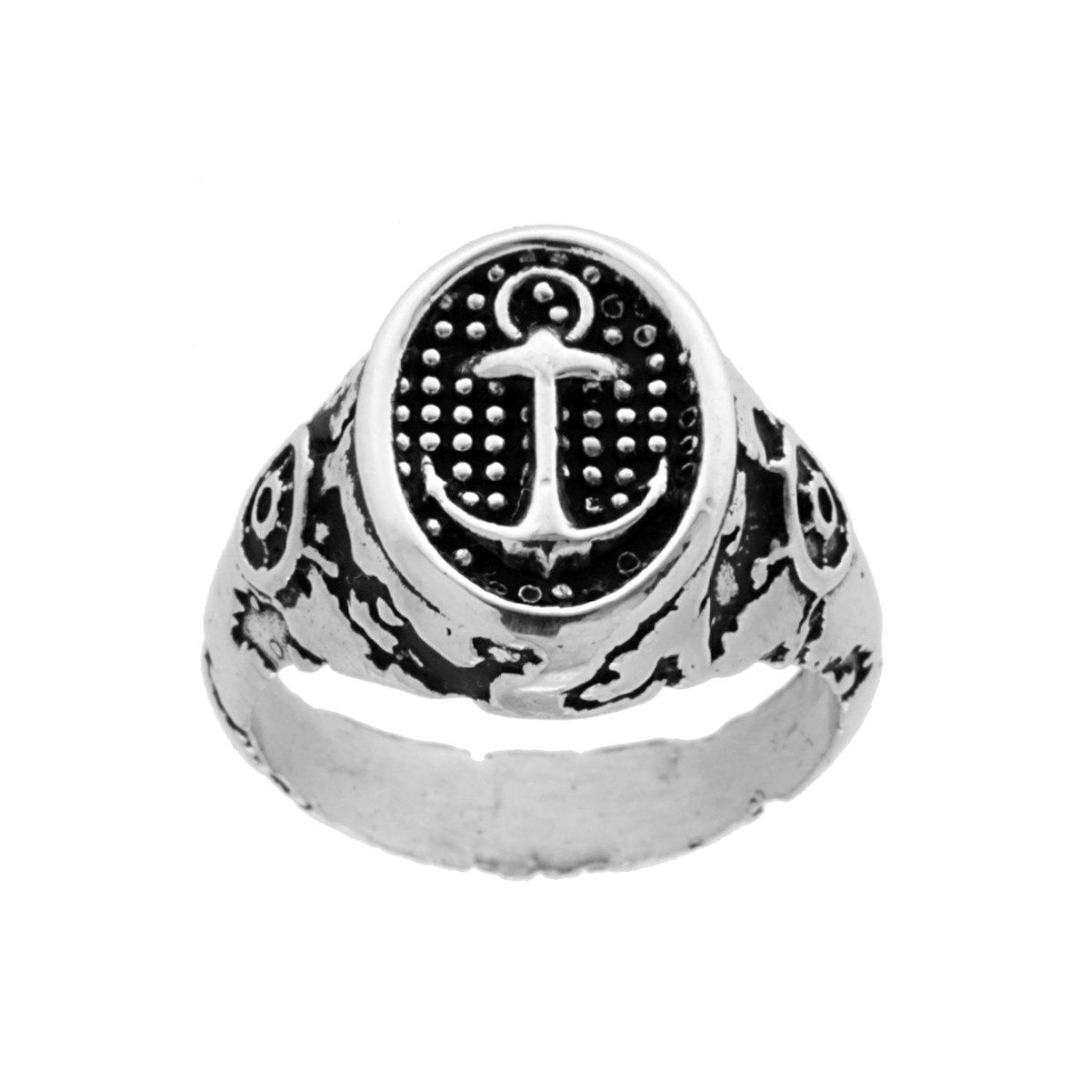 Anello Chevalier Uomo Scudo Ovale con Ancora in ARGENTO 925 Galvanica Rodio Brunito