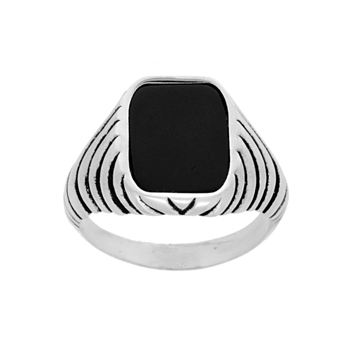 Anello Chevalier Uomo Scudo Rettangolare con Pietra Onice Nero in ARGENTO 925 Galvanica Rodio