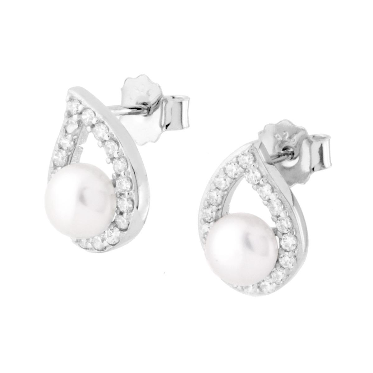 Orecchini Goccia con Perla di fiume e Zirconi Bianchi in ARGENTO 925 Galvanica Rodio