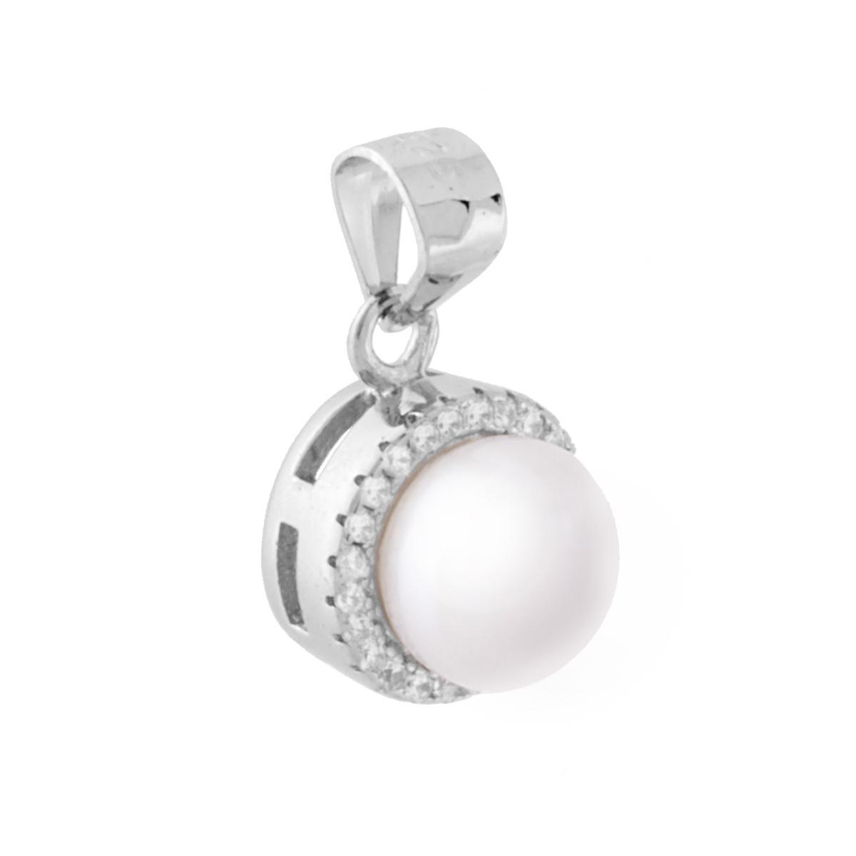 Ciondolo Tondo con Perla di fiume e Zirconi Bianchi in ARGENTO 925 Galvanica Rodio